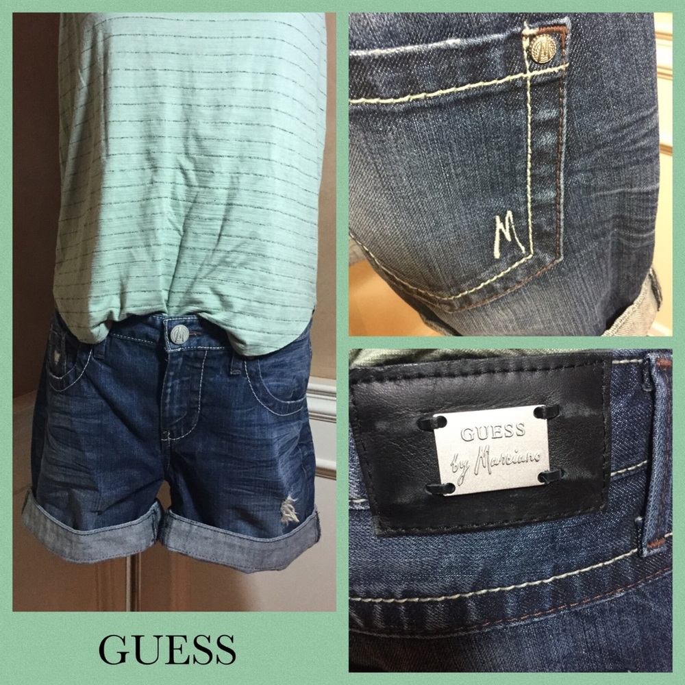 GUESS DISTRESSED FRAYED DENIM SHORTS 5.5” INSEAM